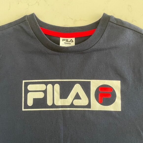 FILA Short Sleeve Crew Neck Cotton Poly Blend T Shirt Top Blue Wht Red Sz S NWOT - Picture 6 of 8